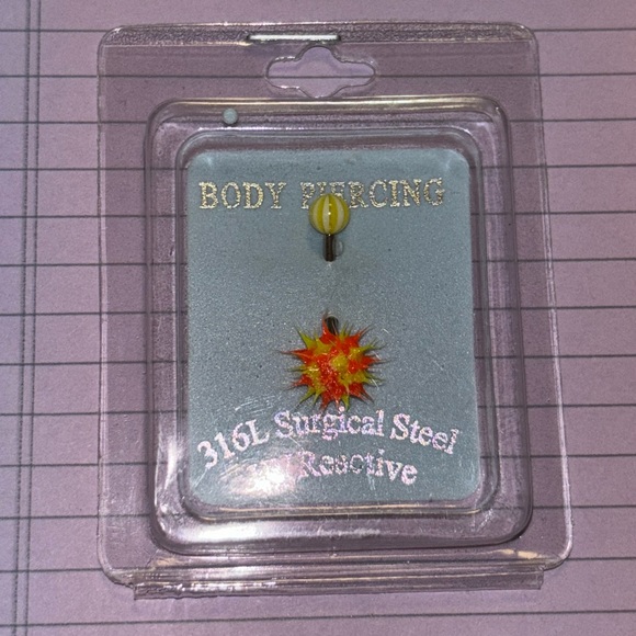 Yellow & Orange Rubber Spike Ball UV Reactive Neon Belly Button Ring NWT - Picture 1 of 4